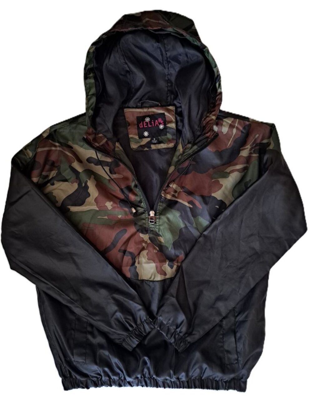 dELiA*s Vintage Y2K Camo Hooded Windbreaker Jacket Black Camouflage Half Zip S